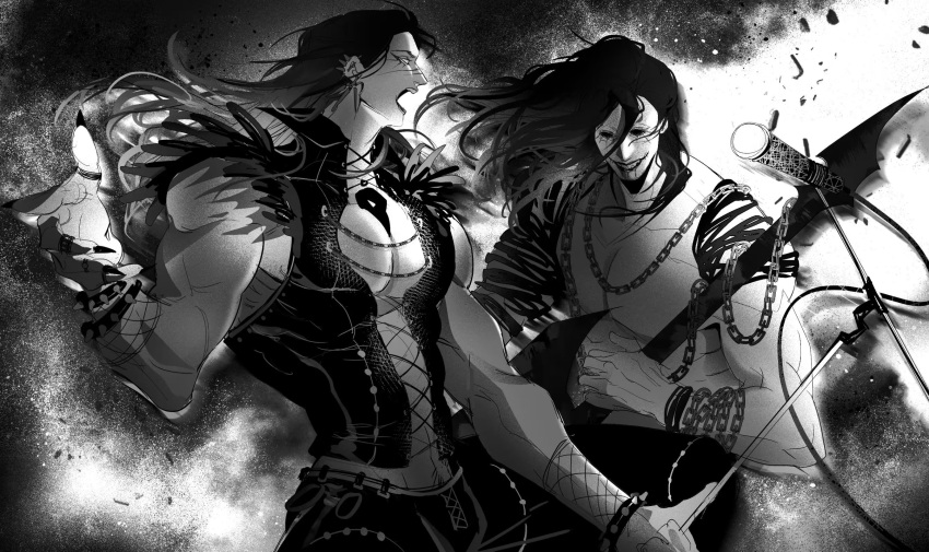 2boys, abs, animal_skull_ornament, band_(music), belt, bird_skull_ornament, black_eyes, black_eyeshadow, black_hair, black_lips, black_nails, black_pants, breasts, chain, clothes_pull, colored_skin, commentary_request, corvus_corax_(warhammer), ear_piercing, eyeshadow, fishnet_sleeves, fishnet_top, fishnets, flybird651028, fretless_guitar, fretless_instrument, goth_fashion, gothic_punk, grey_skin, guitar, heavy_metal, highres, holding, holding_instrument, instrument, jewelry, konrad_curze, lace, lace_sleeves, lipstick, long_hair, makeup, male_focus, mascara, mature_male, microphone_stand, multiple_boys, muscular, muscular_male, necklace, night_lords, pale_skin, pants, pants_pull, pectorals, piercing, primarch, raven_guard, rock_(music), smile, warhammer_40k