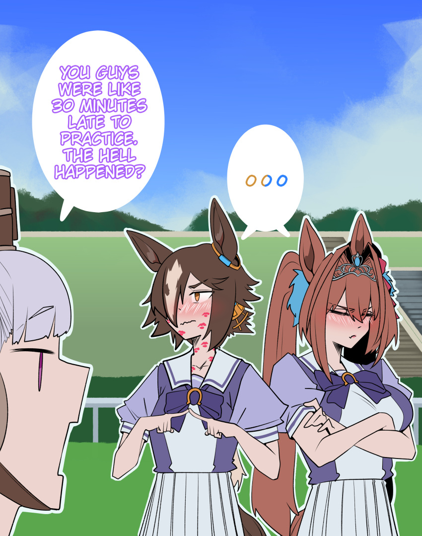 ..., 3girls, absurdres, animal_ears, blush, brown_eyes, brown_hair, closed_eyes