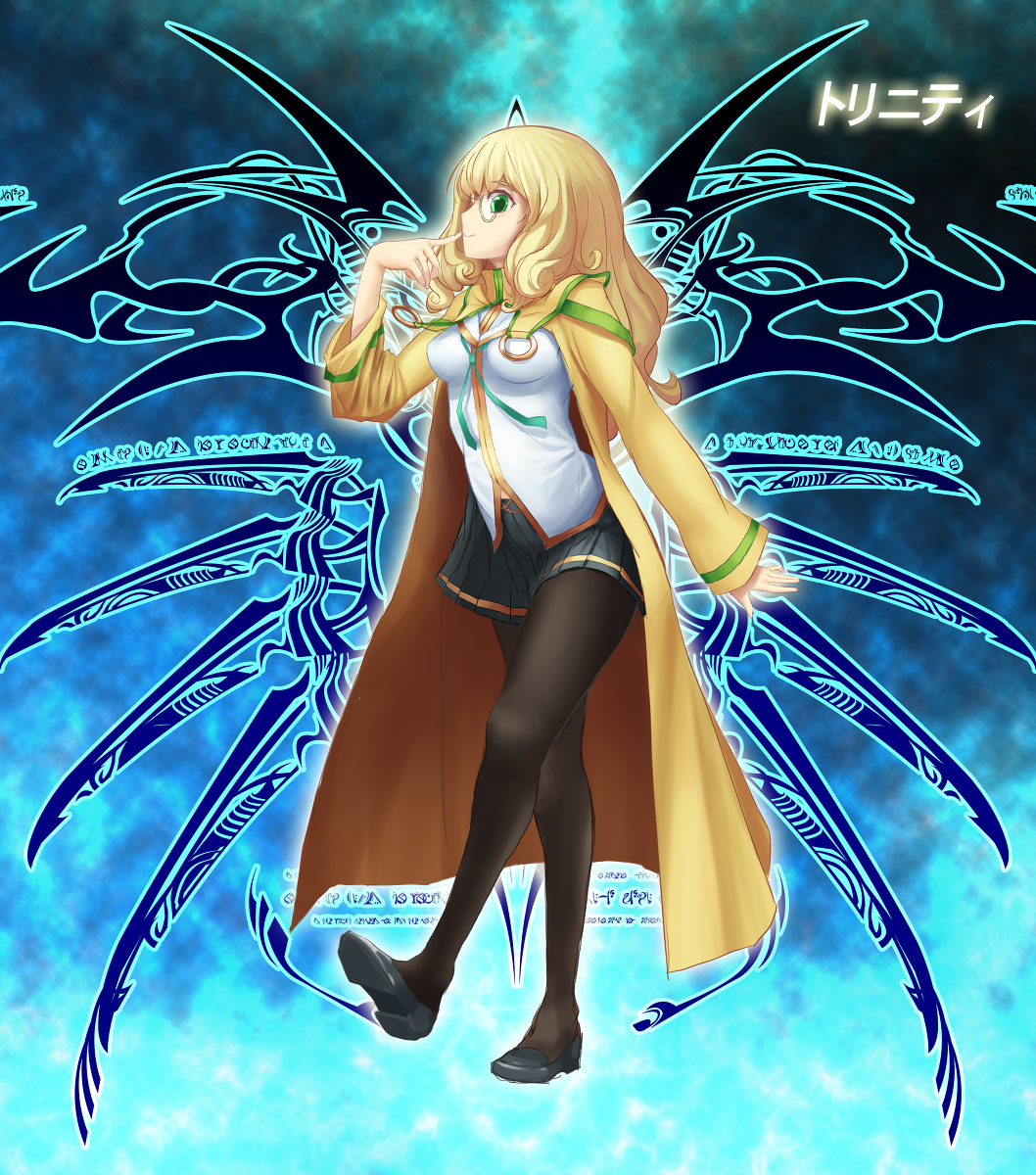 blazblue, blonde_hair, coat, curly_hair, emblem, glasses, green_eyes, highres, jacket, long_hair, glasses, pantyhose, school_uniform, seifuku, skirt, smile, solo, stocking, thighhighs, trinity_(blazblue), trinity_glassfield, tsukikanade