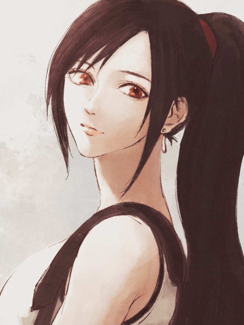1girl, alternate_hairstyle, bare_shoulders, black_hair, breasts, closed_mouth, commentary, earrings, final_fantasy, final_fantasy_vii, final_fantasy_vii_remake, from_side, grey_background, high_ponytail, highres, ie07x7uxz8macej, jewelry, large_breasts, lipgloss, lips, long_hair, looking_at_viewer, pink_lips, ponytail, red_eyes, solo, suspenders, tank_top, teardrop_earrings, tifa_lockhart, upper_body, white_tank_top