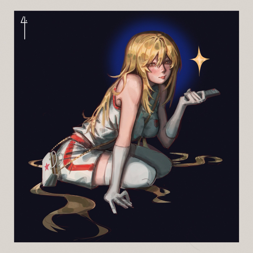 1girl, bag, blonde_hair, border, breasts, chain, chain_between_breasts, closed_mouth