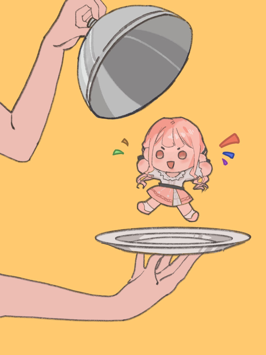 1girl, 1other, belt, black_belt, black_ribbon, blunt_bangs, brown_eyes, chibi
