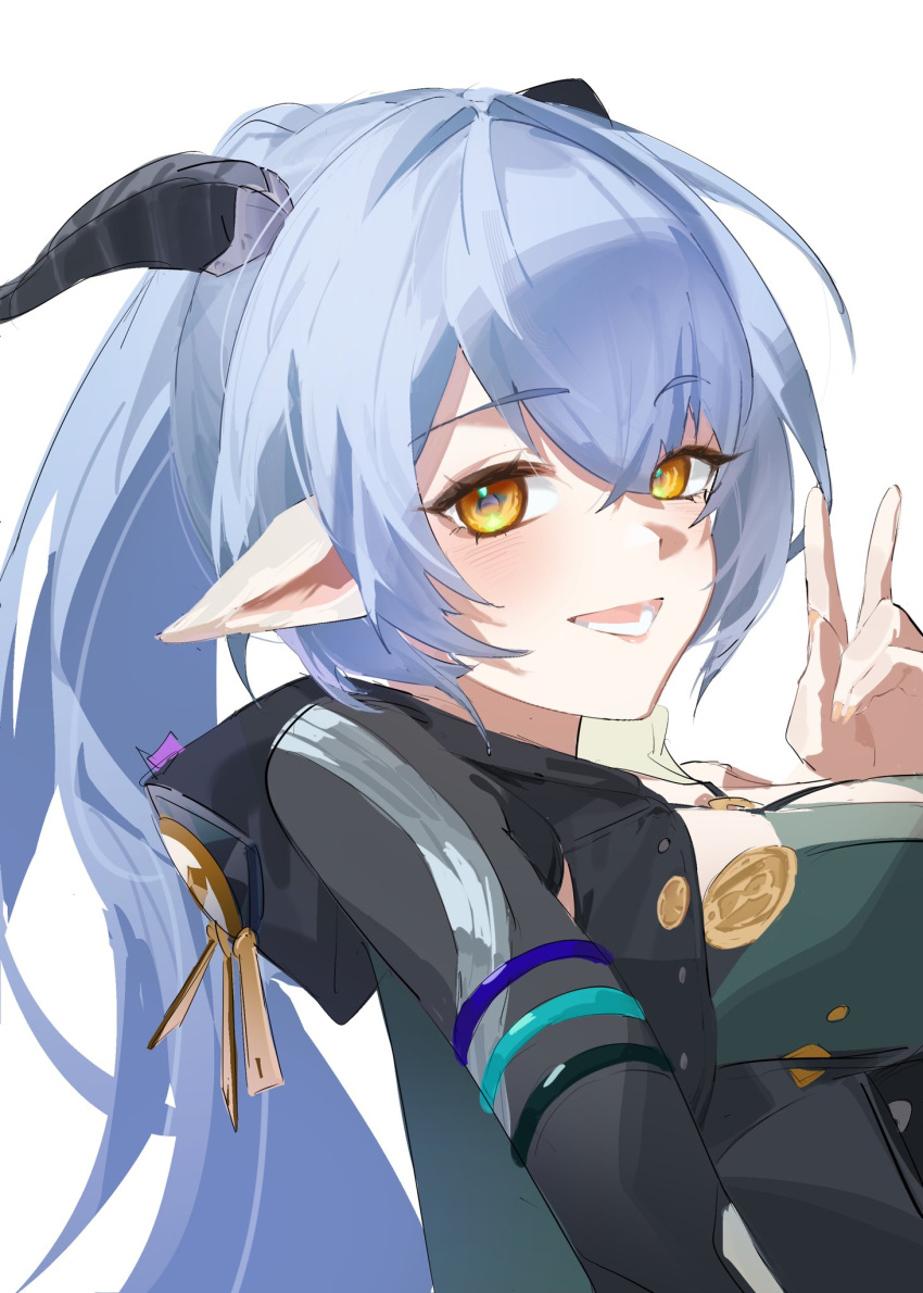 1girl, animal_ears, blue_hair, braid, breasts, commentary_request, goat_ears, goat_girl
