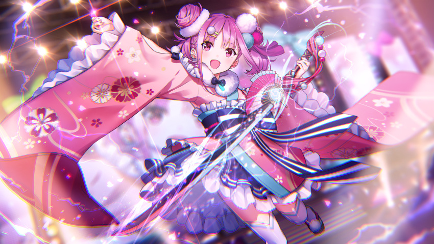 1girl, :d, black_bow, black_bowtie, black_sash, blurry, blurry_background, blush