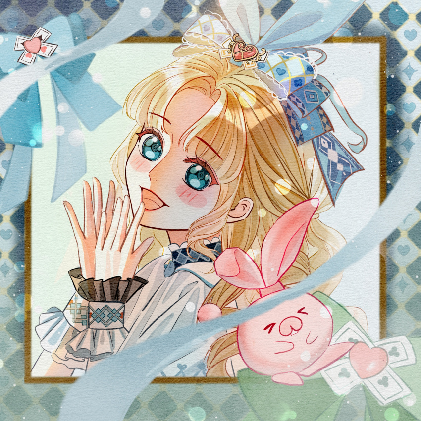 >_<, 1girl, animal, animal_ear_hairband, animal_ears, argyle_border, argyle_bow, blonde_hair