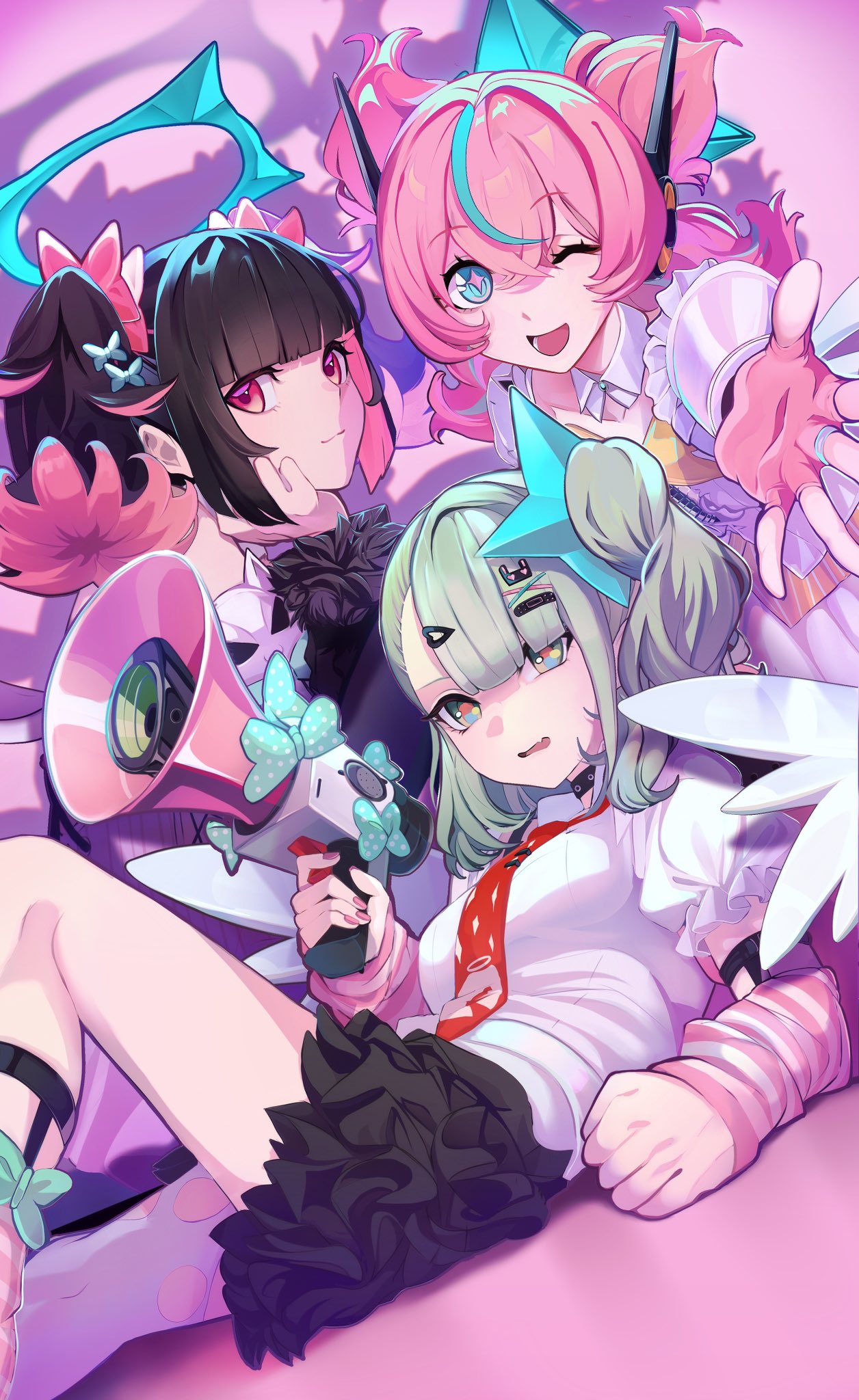 3girls, angels_of_delusion, aqua_hair, aria_(zenless_zone_zero), black_hair, black_skirt, blue_eyes, bow