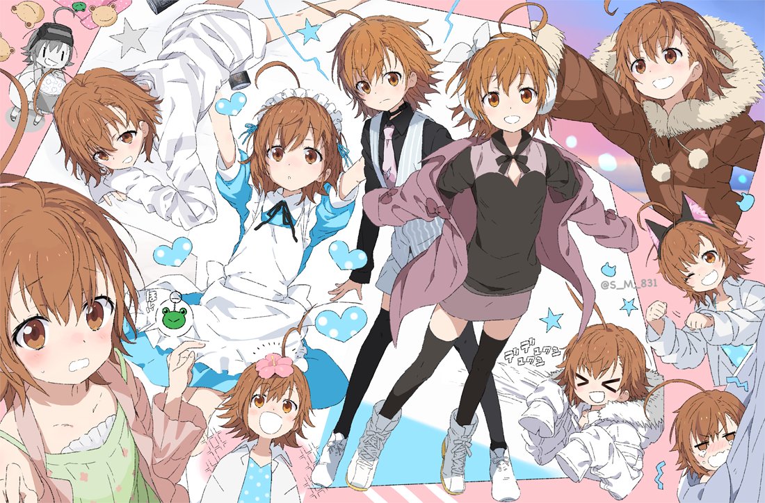 1girl, ;d, accelerator_(toaru_majutsu_no_index), accelerator_(toaru_majutsu_no_index)_(cosplay), ahoge, animal_ears, black_thighhighs, brown_eyes