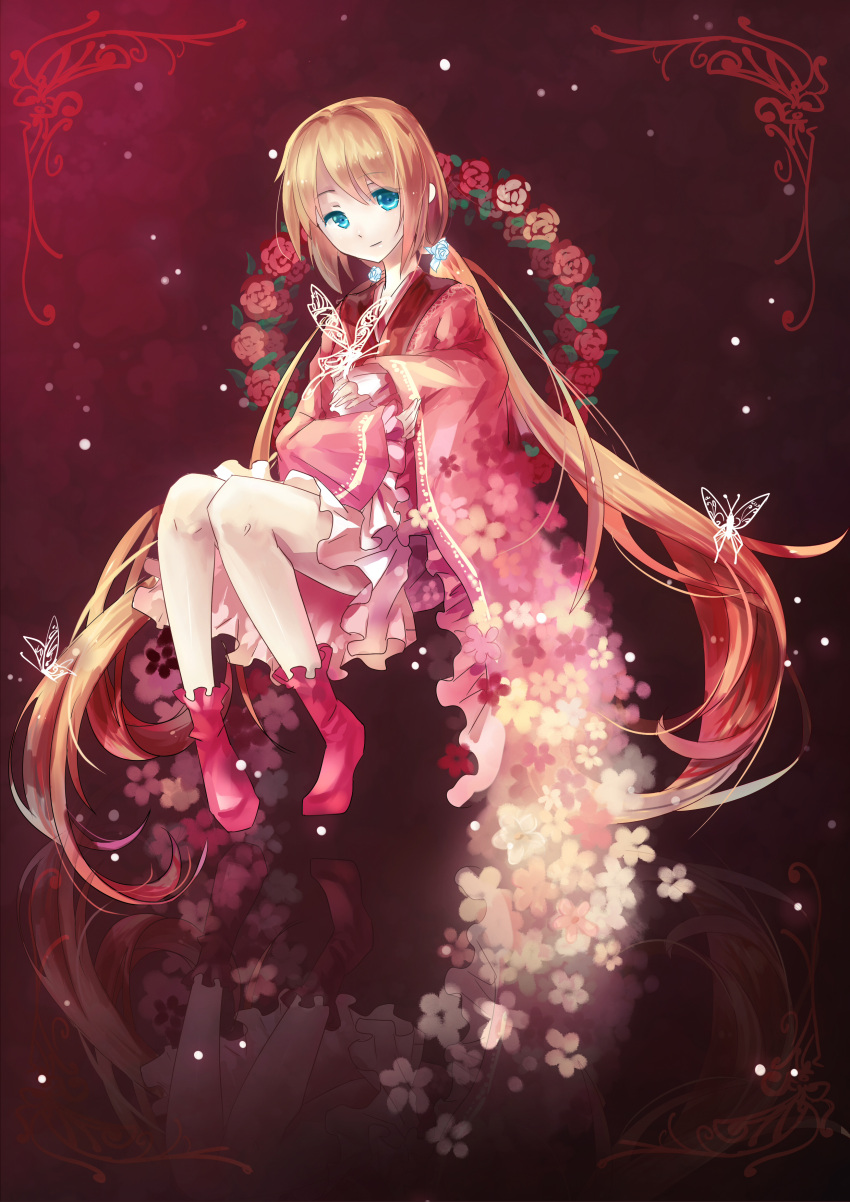 blonde_hair, blue_eyes, blue_rose, butterfly, cathy_inaba, dress, flower, highres