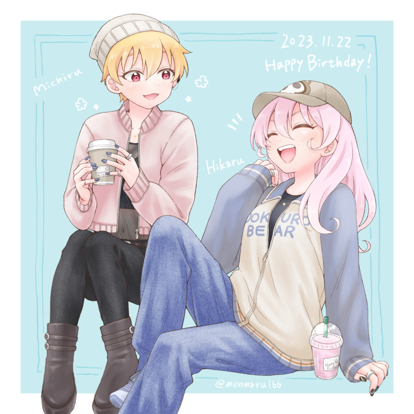 2girls, :d, artist_name, birthday, black_nails, black_pants, blonde_hair, blue_background