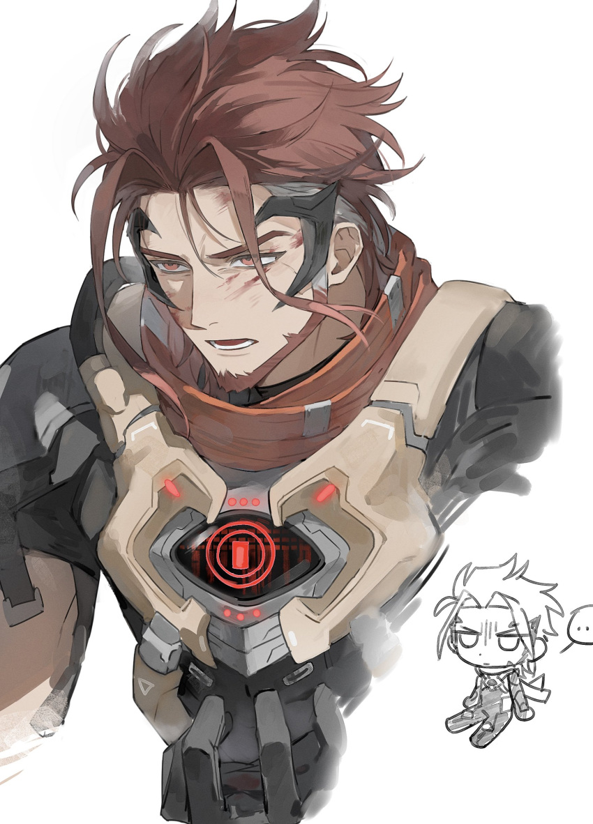 1boy, absurdres, armor, blood, blood_on_face, brown_hair, chibi, chibi_inset
