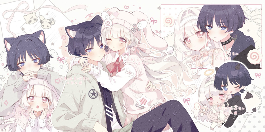 1boy, 1girl, alternate_costume, angel_wings, animal_ear_fluff, animal_ear_headwear, animal_ears, animalization, artist_request, bare_shoulders, beanie, behind_another, black_choker, black_hair, black_horns, black_jacket, black_pants, black_shirt, black_tail, black_wings, blouse, blunt_bangs, blunt_ends, blush, bow, bowtie, cable_knit, camisole, casual, cat, cat_boy, cat_ears, choker, closed_mouth, collared_shirt, commission, commissioner_insert, contemporary, couple, cross, cross_choker, demon_horns, demon_tail, demon_wings, detached_wings, drop_shadow, earrings, eyelashes, eyeliner, fake_animal_ears, food-themed_hair_ornament, frilled_sleeves, frills, genshin_impact, grey_hood, grey_jacket, grey_sleeves, hair_bow, hair_intakes, hair_ornament, halo, hand_on_another's_waist, hand_on_own_face, hands_on_another's_head, hands_on_another's_shoulder, hands_on_own_face, hands_up, hat, hayami_momo_(hayamimomo), head_on_head, head_rest, headband, heart, heart_tail, hetero, highres, hood, hood_down, hooded_jacket, horns, jacket, jewelry, lace, lace_choker, lace_headband, large_bow, long_hair, long_sleeves, looking_at_viewer, makeup, multiple_views, narutomaki_hair_ornament, necklace, oc_x_canon, one_eye_closed, open_mouth, original, pants, paper, pink_bow, pink_eyes, pink_hat, pink_ribbon, pink_skirt, pink_sweater_vest, pleated_skirt, pom_pom_(clothes), pom_pom_beanie, pom_pom_earrings, purple_hood, rabbit, rabbit_ears, red_bow, red_bowtie, red_eyeliner, ribbon, safety_pin, scaramouche_(cat)_(genshin_impact), scaramouche_(genshin_impact), second-party_source, shirt, single_sidelock, skirt, smile, spaghetti_strap, star_(symbol), star_print, sweater_vest, tail, thigh-highs, tongue, tongue_out, traditional_halo, tsurime, undershirt, violet_eyes, watermark, watermark_grid, wavy_hair, white_camisole, white_choker, white_hair, white_headband, white_shirt, white_sleeves, white_thighhighs, wing_collar, wing_hat_ornament, wings, wispy_bangs, yellow_halo