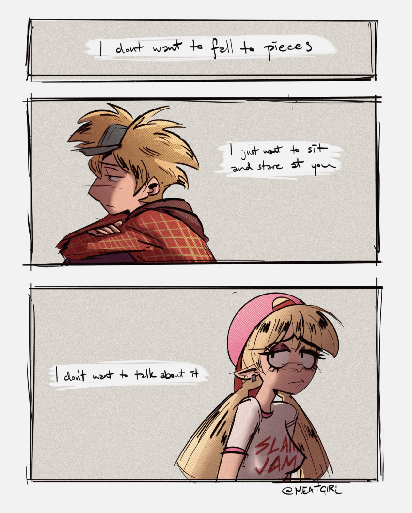 1boy, 1girl, aged_up, arnold_shortman, blonde_hair, child, hat, helga_g_pataki