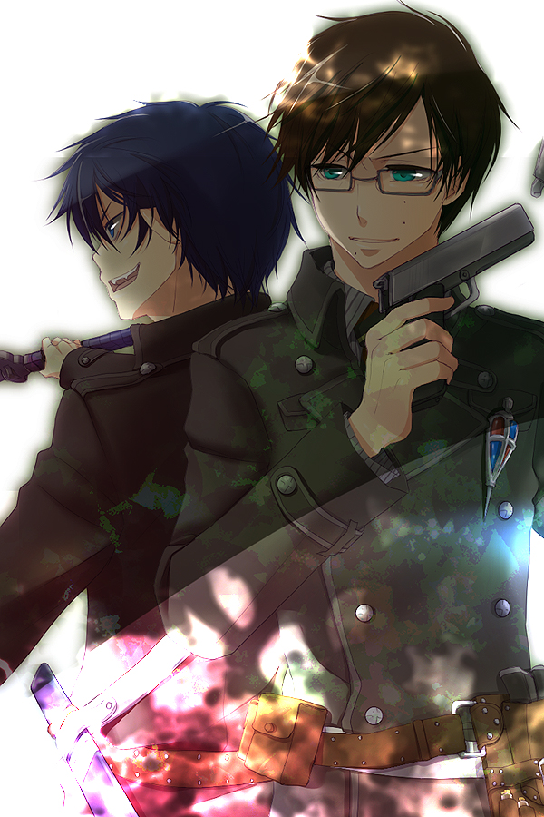 ailala, ao_no_exorcist, blue_eyes, blue_hair, brothers, brown_hair, green_eyes, gun, mole, multiple_boys, necktie, okumura_rin, okumura_yukio, pointy_ears, siblings, striped, striped_necktie, sword, weapon