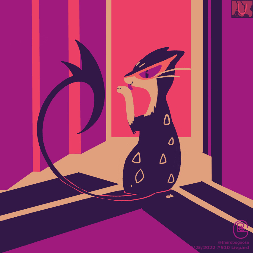 absurdres, animal_focus, cat, character_name, commentary, dated, english_commentary, full_body, highres, licking, liepard, limited_palette, no_humans, pokedex_number, pokemon, pokemon_(creature), pokemon_focus, smile, solo, therobogoose, tongue, tongue_out, twitter_username