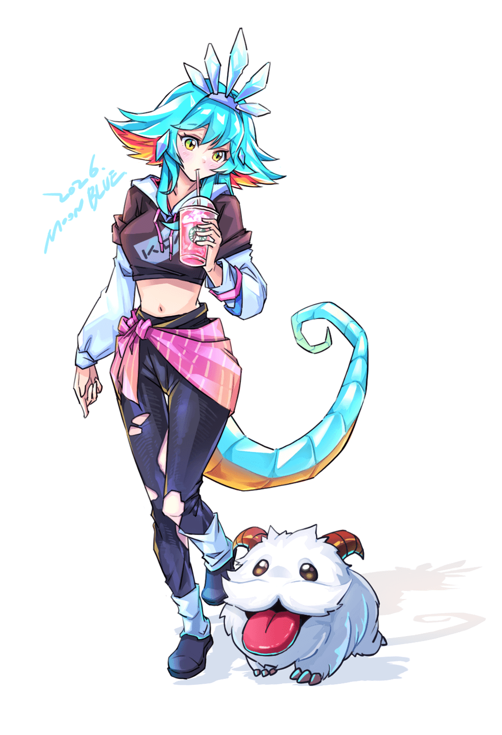 1girl, blue_hair, commentary_request, crop_top, cup, highres, hood, hoodie