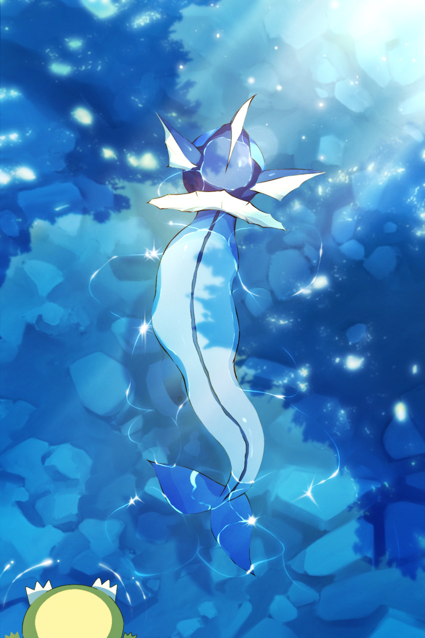 art_eichi, commentary_request, day, from_above, highres, no_humans, partially_submerged, pokemon, pokemon_(creature), pokemon_focus, psyduck, sparkling_water, sunlight, swimming, vaporeon, water