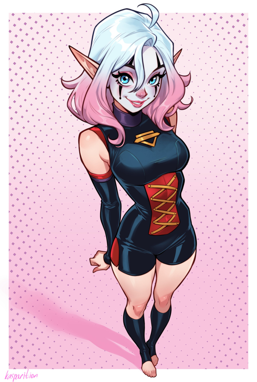 1girl, absurdres, bare_shoulders, black_socks, breasts, briar_(league_of_legends), clown, commission, detached_sleeves, english_commentary, grey_hair, highres, kasparition, kneehighs, large_breasts, league_of_legends, long_hair, looking_at_viewer, makeup, multicolored_hair, pink_background, pink_hair, pointy_ears, smile, socks, solo, standing, teeth, two-tone_hair