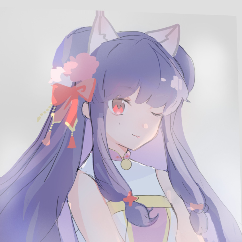 1girl, animal_ears, befoufou174773, bow, cat_ears, commentary, grey_background, hair_bow, hair_ornament, highres, long_hair, one_eye_closed, purple_hair, ranma_1/2, red_bow, red_eyes, shampoo_(ranma_1/2), sidelocks, simple_background, sketch, smile, untranslatable_commentary