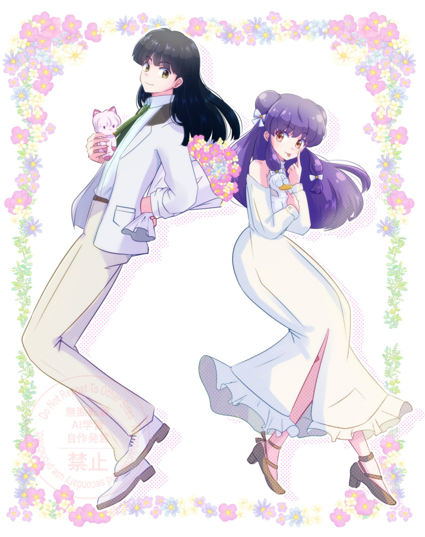 1boy, 1girl, black_hair, bow, commentary_request, dress, hair_bow, highres