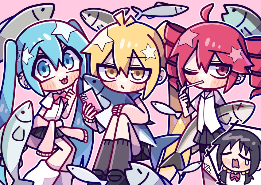 4girls, :3, ahoge, akina_mochi, akita_neru, animal, antenna_hair, black_hair