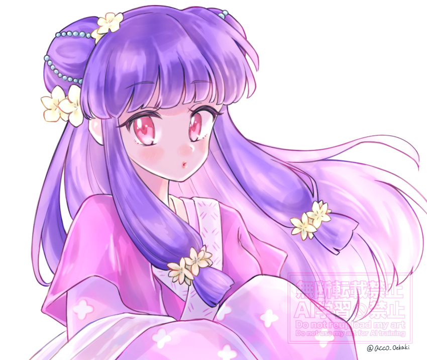 1girl, acco_oekaki, artist_name, blush, double_bun, floral_print, flower, hair_bun, hair_flower, hair_ornament, highres, long_hair, looking_at_viewer, parted_lips, purple_hair, ranma_1/2, shampoo_(ranma_1/2), sidelocks, simple_background, sleeves_past_fingers, sleeves_past_wrists, violet_eyes, white_background