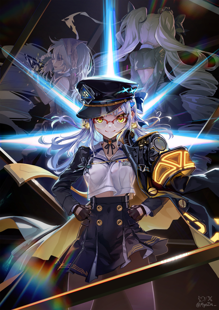 3girls, absurdres, black_coat, black_gloves, black_hat, black_skirt, breasts, coat