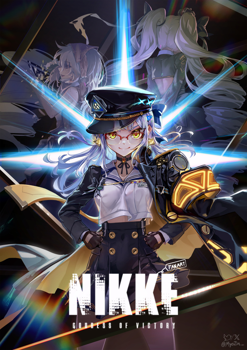 3girls, absurdres, black_coat, black_gloves, black_hat, black_skirt, breasts, coat, coat_on_shoulders, commentary_request, copyright_name, fingerless_gloves, glasses, gloves, goddess_of_victory:_nikke, hat, high-waist_skirt, highres, korean_commentary, long_hair, looking_at_viewer, medium_breasts, multiple_girls, myo-zin, neo-neon_(nikke), neon_(nikke), official_alternate_costume, princess_(nikke), red-framed_eyewear, shirt, skirt, stall_iii_(nikke), standing, white_hair, white_shirt, yellow_eyes