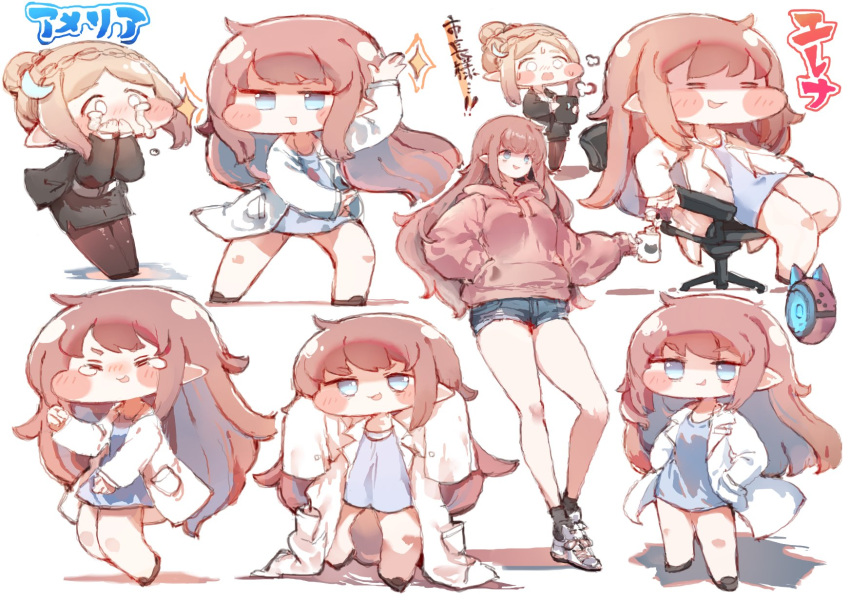 2girls, =_=, amelia_(trickcal), black_jacket, black_skirt, blonde_hair, blue_eyes, blush, brown_pantyhose, chair, character_name, chibi, chibi_inset, closed_eyes, commentary_request, crescent, crescent_hair_ornament, crying, cup, denim, denim_shorts, elena_(trickcal), elf, hair_bun, hair_ornament, hands_in_pockets, highres, holding, holding_cup, hood, hood_down, hoodie, jacket, kotatu_(akaki01aoki00), lab_coat, long_hair, long_sleeves, mug, multiple_girls, multiple_views, open_clothes, open_mouth, pantyhose, pencil_skirt, pink_hair, pink_hoodie, pointy_ears, red_hair, short_shorts, shorts, simple_background, single_hair_bun, sitting, skirt, sleeves_past_fingers, sleeves_past_wrists, sparkle, tears, translation_request, trickcal, very_long_hair, white_background