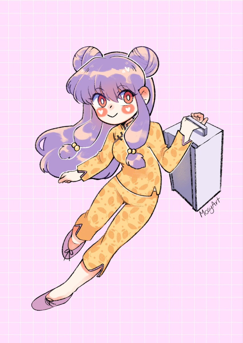 1girl, artist_name, blush, chinese_clothes, commentary, double_bun, hair_bun, highres, long_hair, mosyart, okamochi_(container), orange_pants, orange_shirt, pants, purple_background, purple_hair, purple_shoes, ranma_1/2, shampoo_(ranma_1/2), shirt, shoes, sidelocks, simple_background, smile