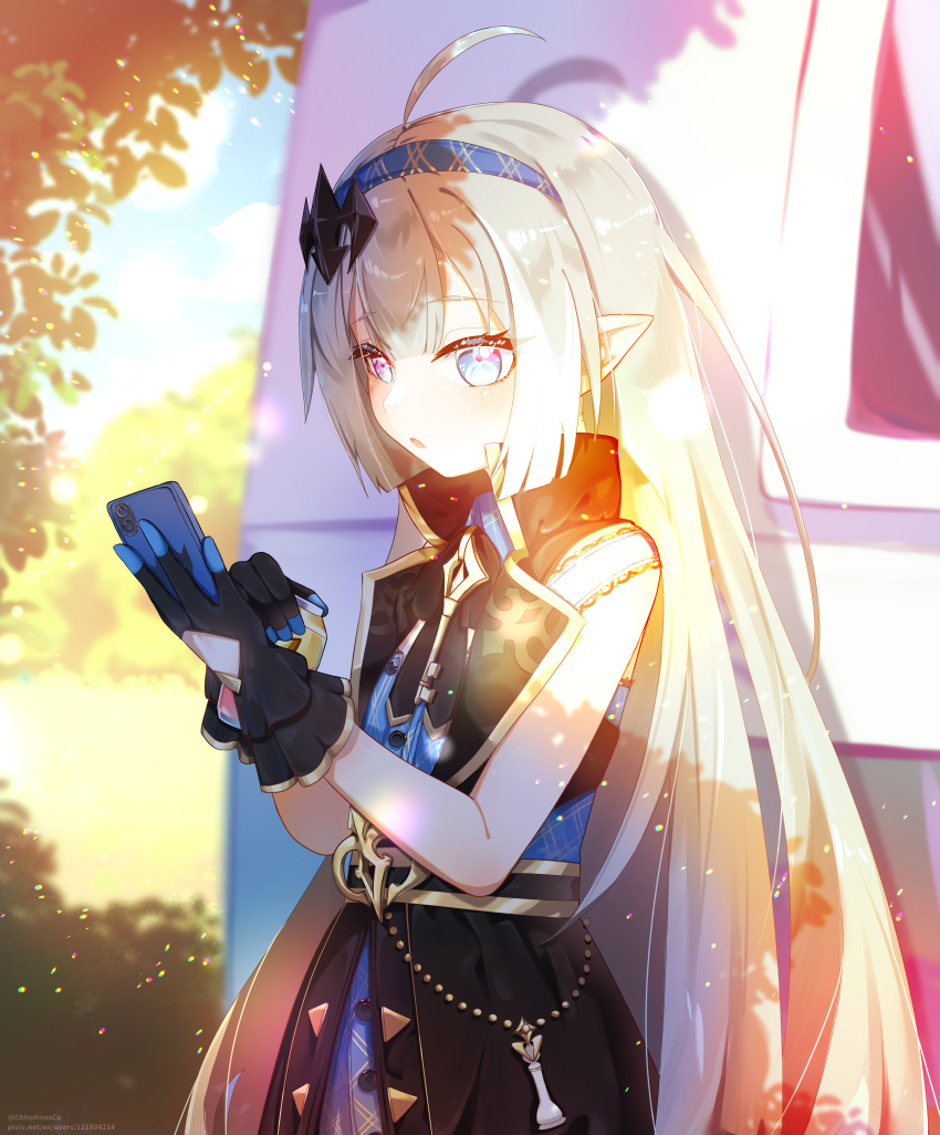 1girl, absurdres, ahoge, black_bow, black_bowtie, black_gloves, black_vest, blue_dress