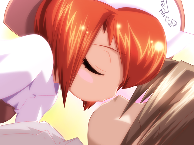 1boy, 1girl, 2000s_(style), blush, breasts, brown_shirt, capelet, closed_eyes