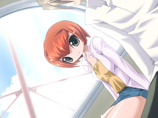 1boy, 1girl, 2000s_(style), aged_up, backlighting, blue_skirt, breasts, brown_eyes