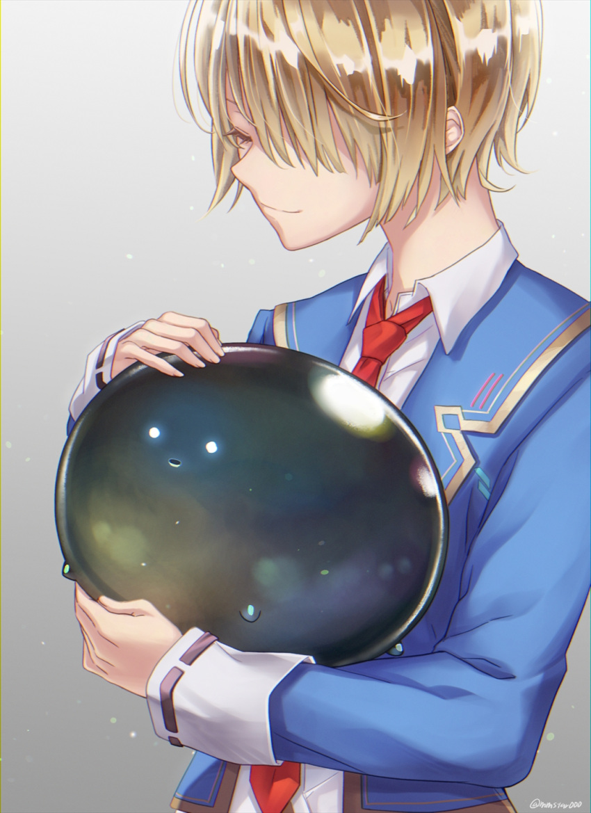 1girl, blonde_hair, blue_jacket, closed_eyes, closed_mouth, collared_shirt, commentary_request, creature, grey_background, hair_over_one_eye, hands_up, heaven_burns_red, highres, holding, holding_creature, jacket, kayamori_ruka, long_bangs, long_sleeves, mmstar000, narby_(heaven_burns_red), necktie, nose, one_eye_covered, open_clothes, open_jacket, profile, red_necktie, shirt, short_hair, simple_background, slime_(creature), smile, solo, upper_body, white_shirt