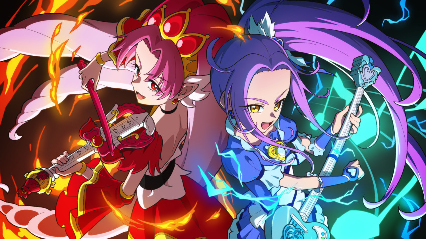 2girls, akagi_towa, back-to-back, backless_dress, backless_outfit, blue_choker, blue_dress, blue_gloves