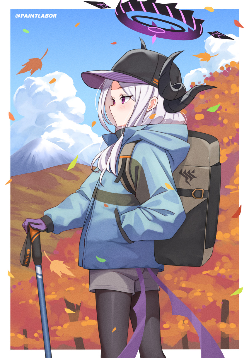 1girl, absurdres, alternate_costume, autumn, autumn_leaves, backpack, bag, black_halo