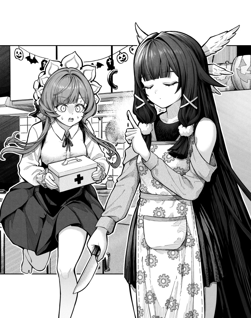 2girls, absurdres, alternate_costume, apron, bare_shoulders, bat_(animal), blood, bonnet