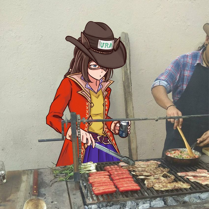 animal_ears, blue_eyes, brown_hair, cooking, cowboy_hat, domino_mask, el_condor_pasa_(el_numero_1)_(umamusume), el_condor_pasa_(umamusume), english_commentary, eye_mask, grill, grilling, hair_between_eyes, hat, highres, holding_pliers, horse_ears, horse_girl, johnholl0w, long_hair, mask, photo_background, photo_foreground, pliers, ponytail, umamusume