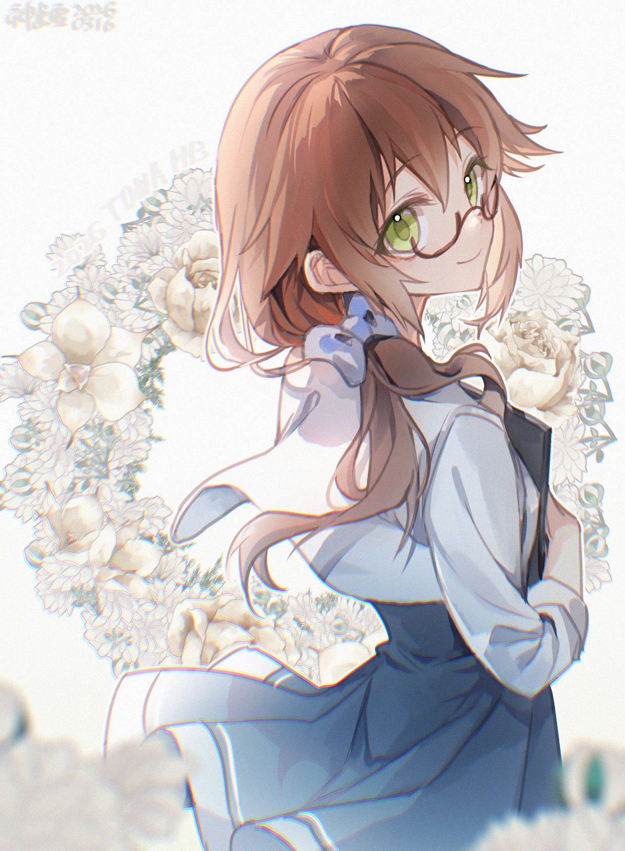 1girl, blue_bow, blue_skirt, blurry, blurry_foreground, bow, brown_hair, closed_mouth
