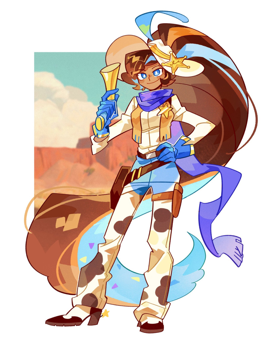 1girl, absurdly_long_hair, animal_print, blue_eyes, blue_gloves, blue_scarf, boots, bradyclaph83904