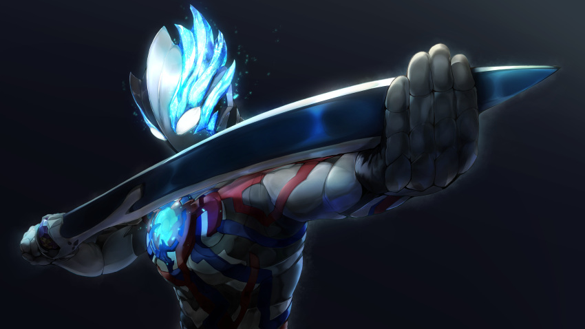 1boy, absurdres, alien, armor, asymmetrical_horns, blue_horns, blue_skin, color_timer