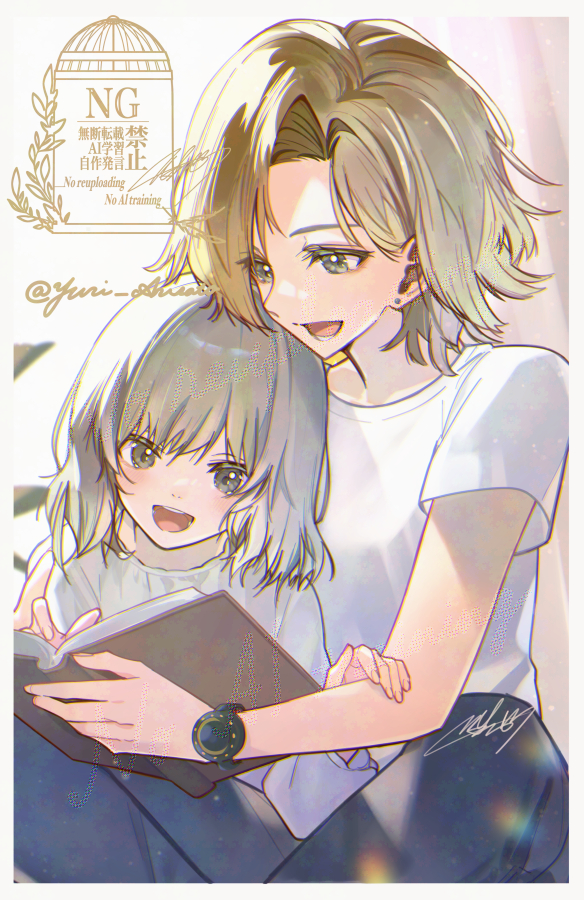 2girls, black_pants, blonde_hair, book, border, breasts, child, commentary_request