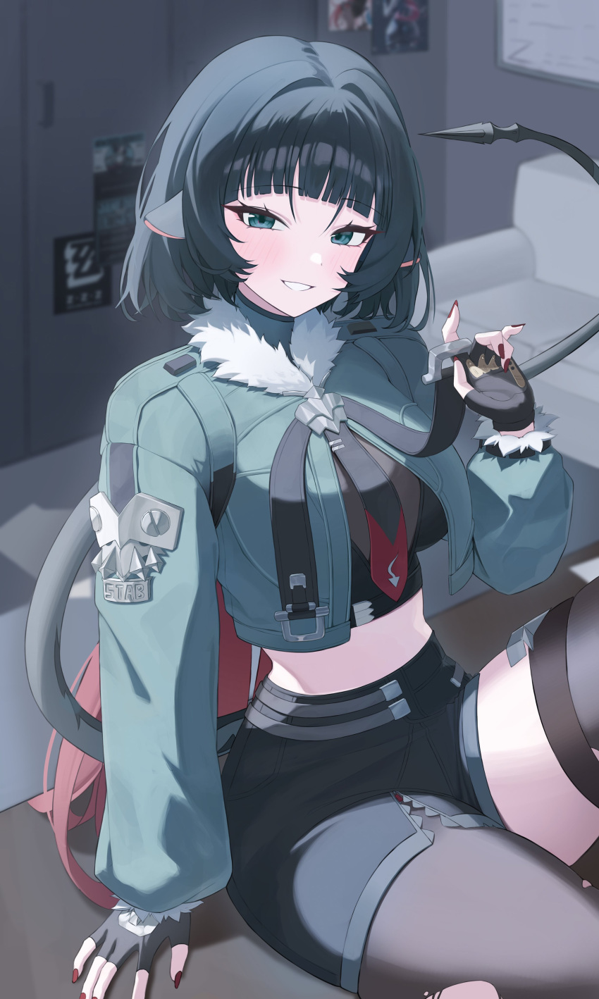 1girl, absurdres, animal_ears, black_gloves, black_hair, breasts, commentary, crop_top