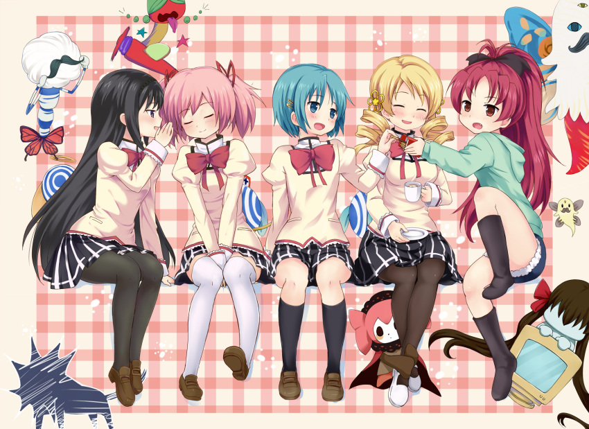 akemi_homura, anja_(madoka_magica), anthony_(madoka_magica), black_hair, black_legwear, blonde_hair, blue_door, blue_eyes, blush, boots, bow, butterfly_wings, charlotte_(madoka_magica), closed_eyes, cup, drill_hair, eyes_closed, fang, h.n.elly_(kirsten), hair_bow, hair_ornament, hair_ribbon, hairclip, halo, highres, kaname_madoka, long_hair, mahou_shoujo_madoka_magica, miki_sayaka, monitor, open_mouth, pantyhose, pink_hair, plaid, plaid_background, pocky, ponytail, pyotr_(madoka_magica), red_eyes, red_hair, redhead, ribbon, sakura_kyouko, saucer, school_uniform, short_shorts, short_twintails, shorts, skirt, smile, star, teacup, thigh-highs, thighhighs, tomoe_mami, tongue, twin_drills, twintails, ulla_(madoka_magica), white_legwear, wings