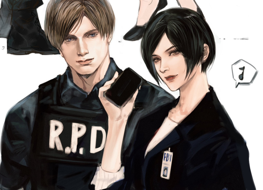 1boy, 1girl, ada_wong, black_hair, black_jacket, black_shirt, black_shoes, blonde_hair