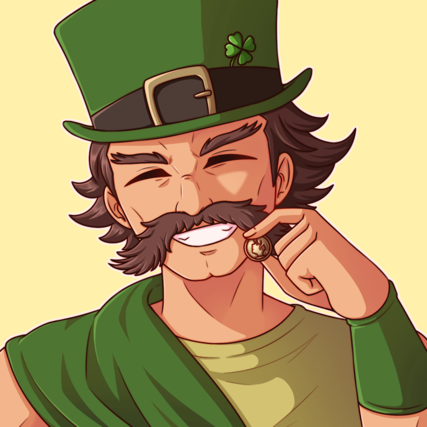1boy, closed_eyes, clover, coin, commission, dice_(fire_emblem), facial_hair, fire_emblem