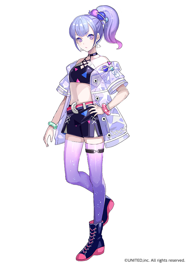 1girl, arm_at_side, badge, bangle, bare_shoulders, belt, black_boots, black_shirt, black_shorts, blue_belt, blue_eyes, boots, bracelet, breasts, button_badge, center-flap_bangs, closed_mouth, cocoppa_dolls, colored_shoe_soles, colored_tips, commentary_request, copyright_notice, crop_top, earrings, estel_(cocoppa_dolls), full_body, hair_ornament, halter_shirt, halterneck, hand_on_own_hip, jacket, jewelry, lace-up_boots, looking_at_viewer, midriff, multicolored_eyes, multicolored_hair, off_shoulder, official_art, pink_belt, pink_eyes, planet_hair_ornament, ponytail, purple_jacket, purple_thighhighs, ringed_eyes, second-party_source, see-through_clothes, see-through_jacket, shirt, short-sleeved_jacket, short_ponytail, short_shorts, short_sleeves, shorts, side_ponytail, sideways_glance, simple_background, small_breasts, solo, standing, tachi-e, thigh-highs, thigh_strap, tobi_(kotetsu), triangle_earrings, triangle_print, two-tone_belt, v-shaped_eyebrows, violet_eyes, white_background