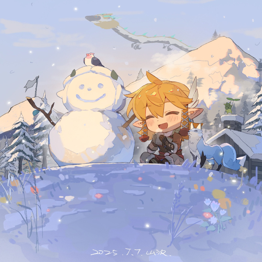 1boy, bird, blonde_hair, cabin, chibi, chibi_only, chimney, closed_eyes, commentary, flower, fox, full_body, happy, highres, light_dragon_(zelda), link, male_focus, mittens, mountain, mountainous_horizon, nature, outdoors, pine_tree, pointy_ears, shanzer, short_hair, sidelocks, sky, snow, snow_on_head, snow_on_tree, snowflakes, snowing, snowman, the_legend_of_zelda, the_legend_of_zelda:_tears_of_the_kingdom, tree, untranslatable_commentary, winter, winter_clothes