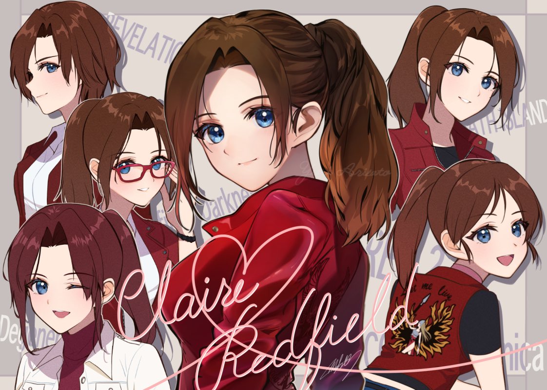 1girl, :d, adjusting_eyewear, black_shirt, blue_eyes, breasts, brown_hair, character_name