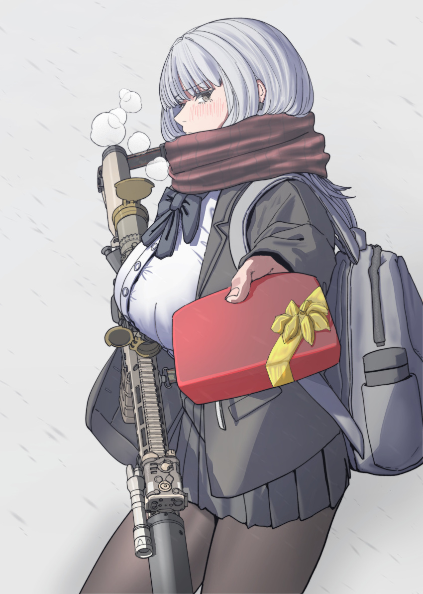 1girl, absurdres, backpack, bag, black_bow, black_bowtie, black_jacket, black_pantyhose