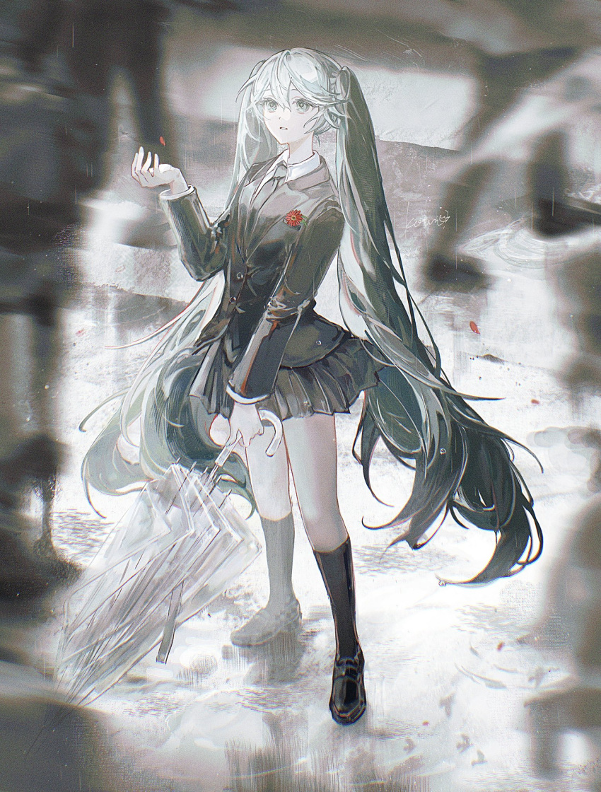1girl, black_jacket, black_shoes, black_skirt, black_socks, commentary_request, green_eyes, green_hair